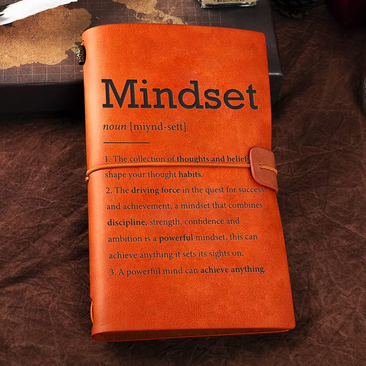 Cuaderno de cuero con definición de mentalidad inspiradora de mujeres y hombres, diario de viaje motivacional de cuero en relieve