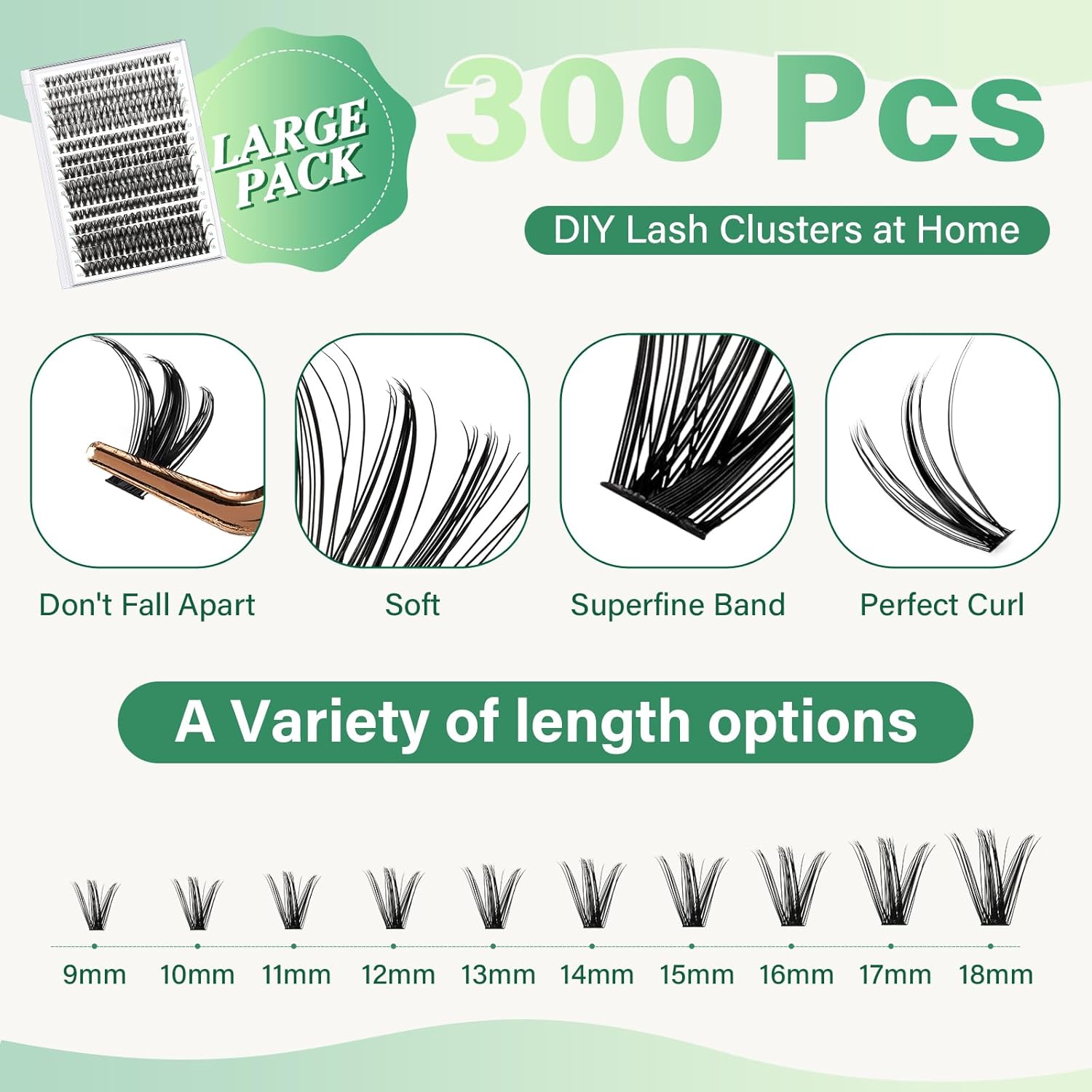 KEYYOU – Kit de extensión de pestañas para bricolaje, 300 unidades, kit de extensión de pestañas individuales 30D40D50D 0.07C, 9-18 MIX, kit de