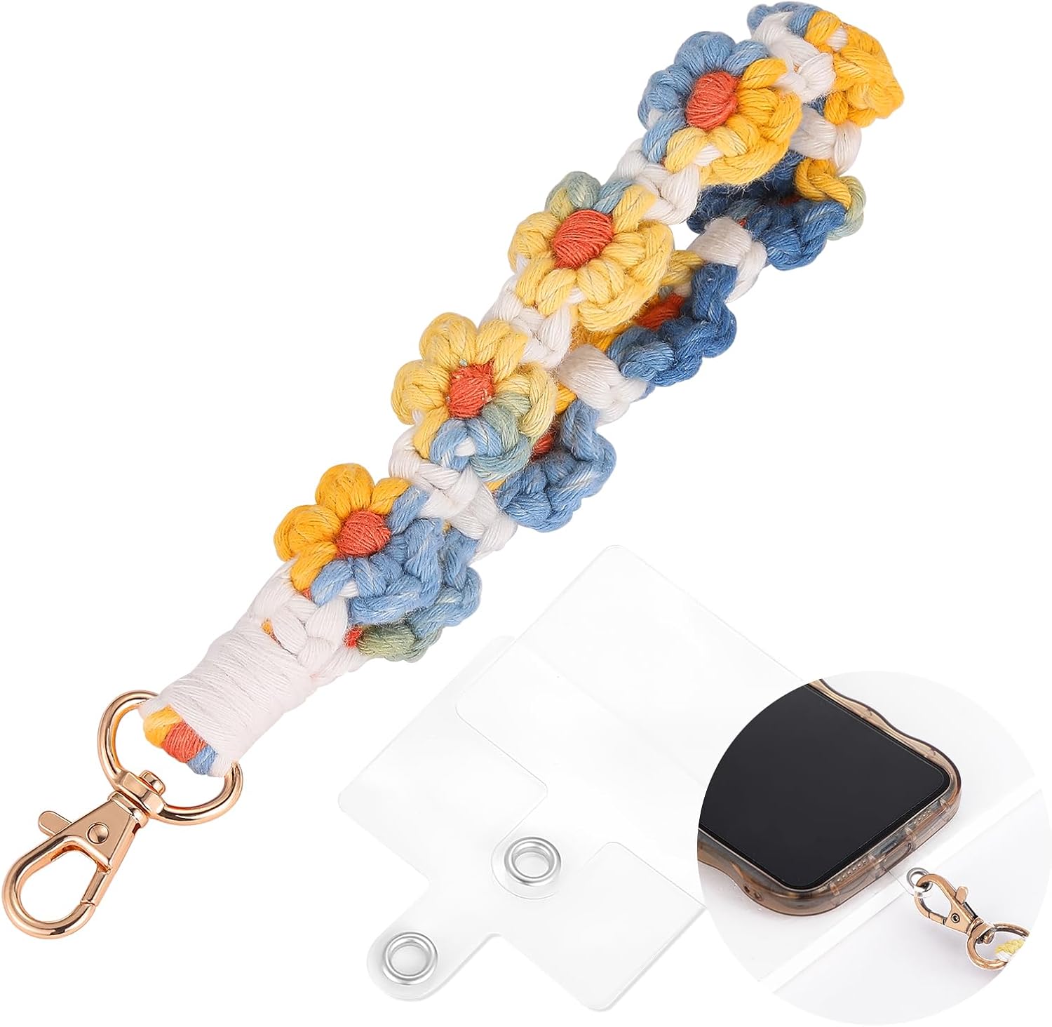 DoreenBow Llavero de macramé bohemio con cordón de muñeca tejido de flor con correa de cordón con tarjetas traseras