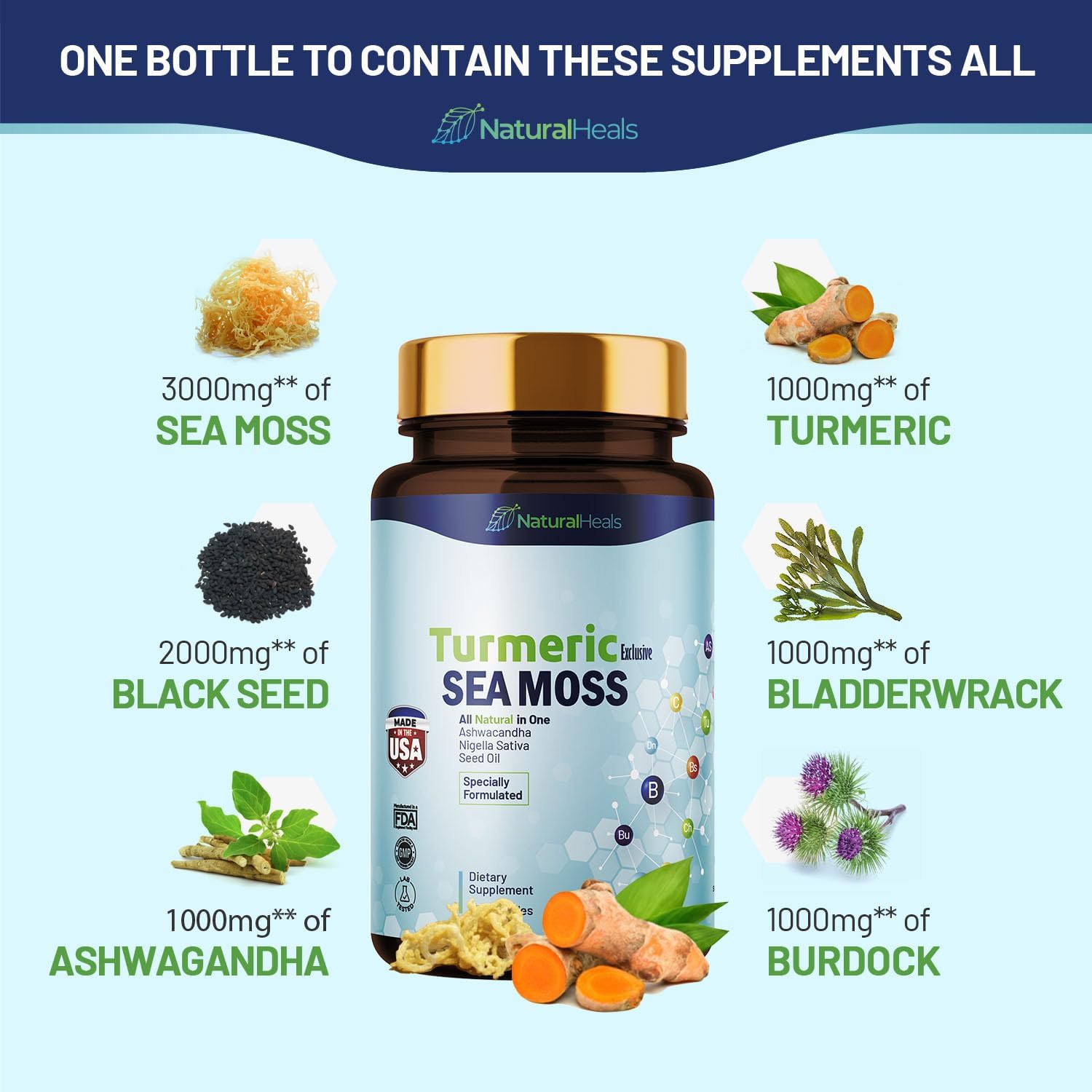 Musgo marino 3000 mg Aceite de semilla negra 2000 mg Ashwagandha 1000 mg Cúrcuma 1000 mg Bladderwrack 1000 mg Bardana 1000 mg – 60 Cápsulas Made in