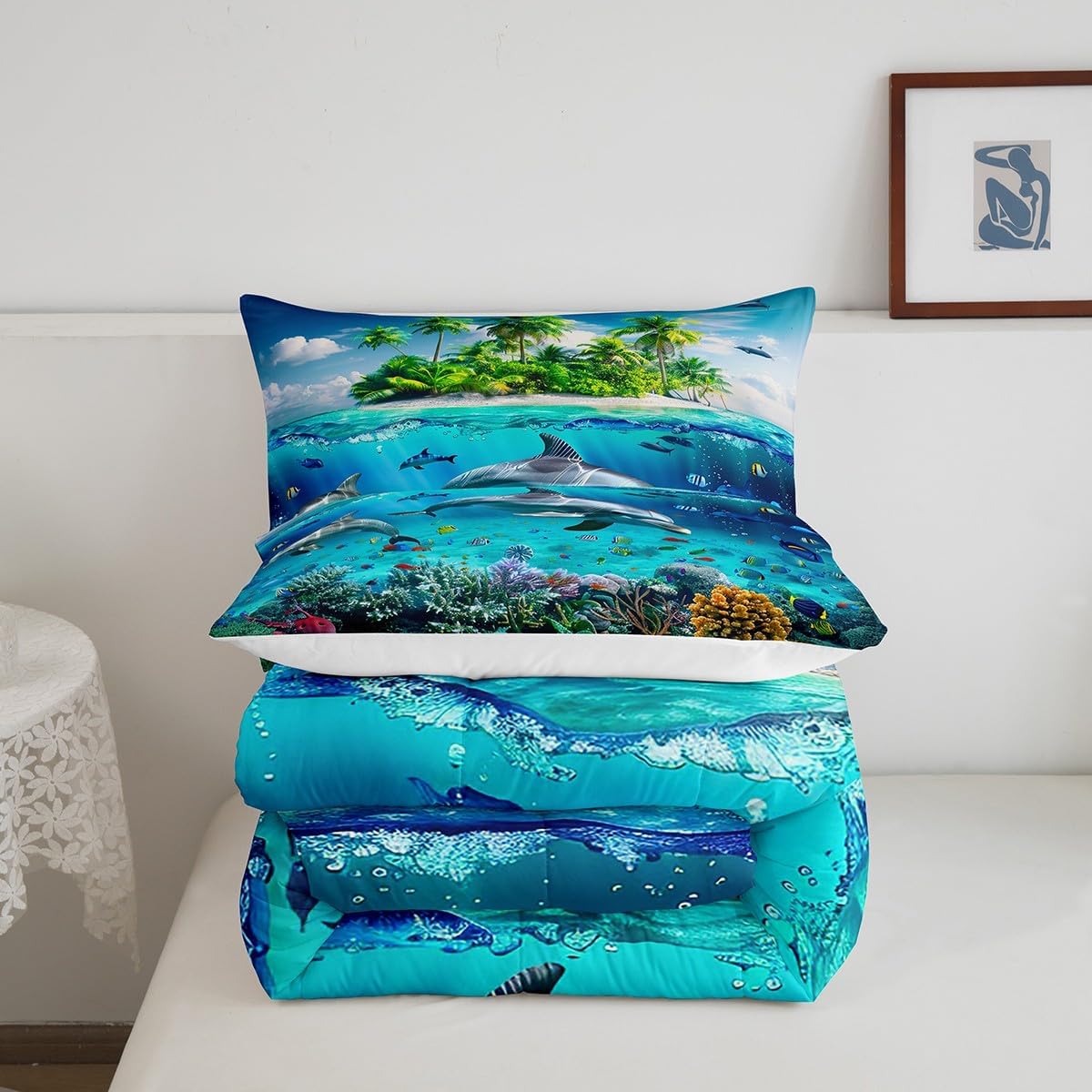 Underwater World – Juego de ropa de cama con relleno de edredón de playa hawaiana, tamaño Queen, isla mediterránea, juego de edredón tropical de