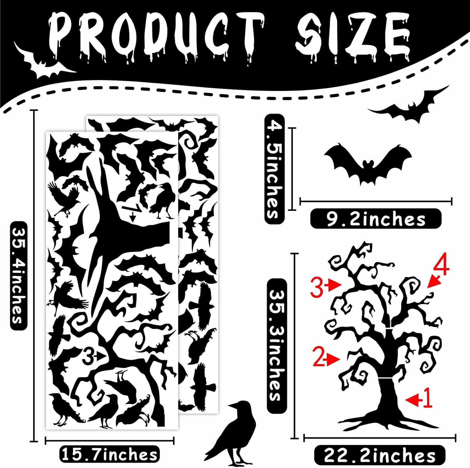Calcomanías gigantes de Halloween para ventana, calcomanías de murciélagos para ventana de árbol de Halloween, calcomanías de decoración de pared de