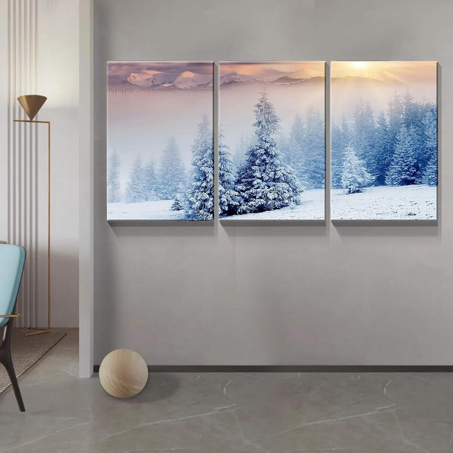 Denozer – Arte de pared en lienzo de 3 paneles para decoración de pared de sala de estar – Paisaje de invierno cubierto de nieve montañas árboles en
