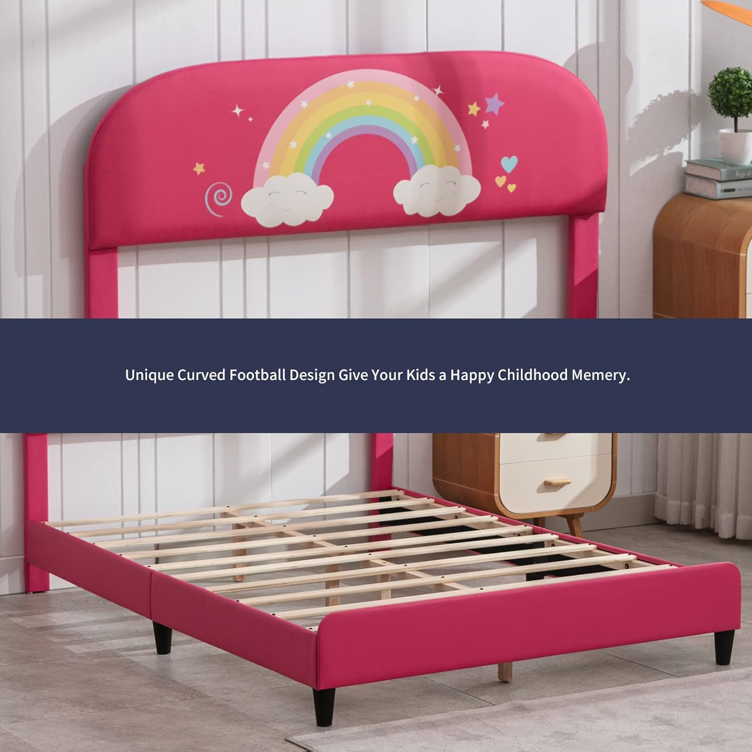 Zafly – Marco de cama matrimonial para niños, marco de cama infantil con cabecera tapizada, cabecera y estribo curvados, marco de cama de madera de