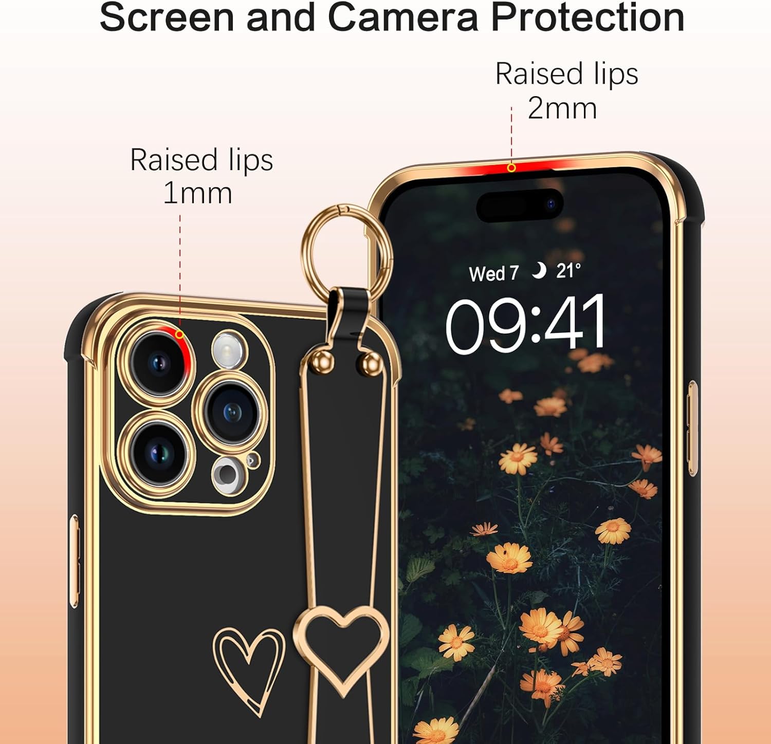 BENTOBEN Funda compatible con iPhone 15 Pro Max, iPhone 15 Pro Max con correa ajustable para la muñeca, soporte de apoyo de lujo con bonito corazón
