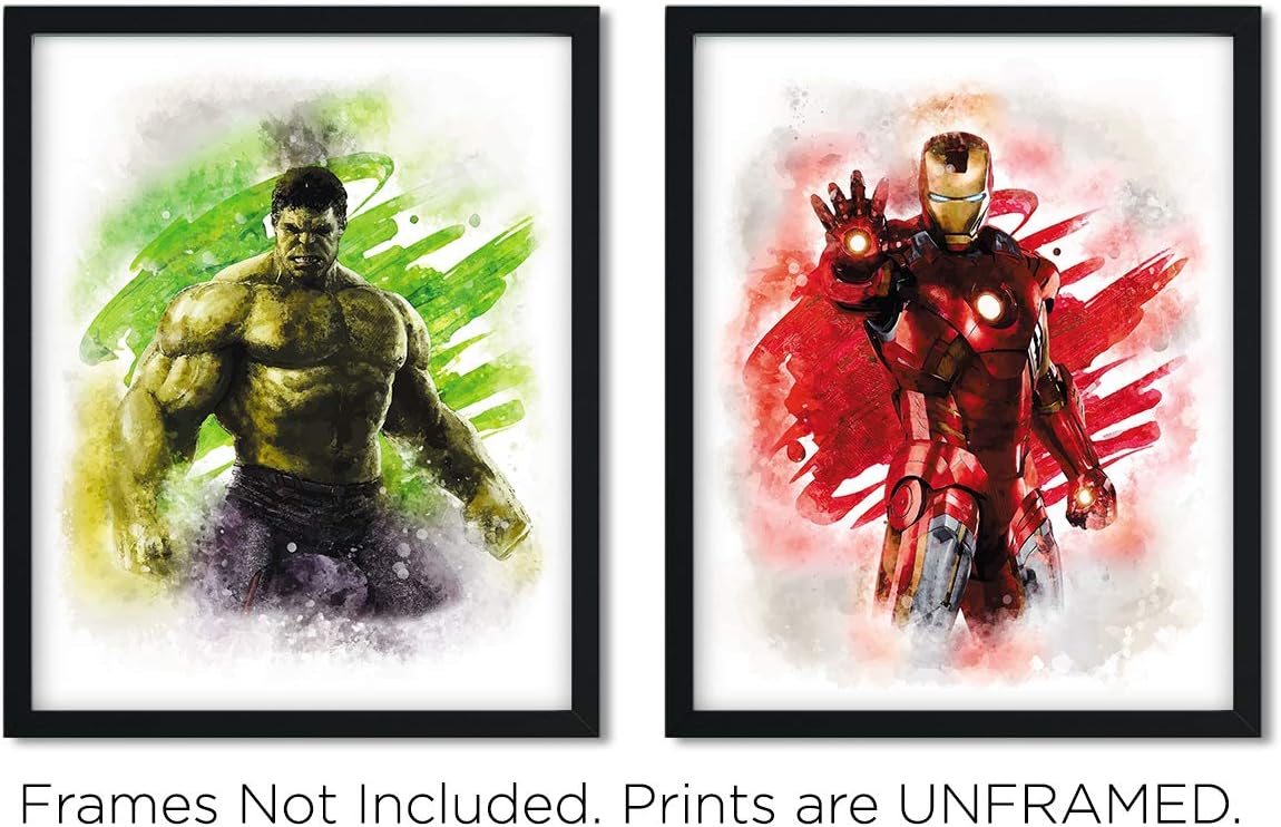 Marvel Avengers – Impresiones artísticas de superhéroes en acuarela (sin marco), gran regalo de 10 (8 x 10 pulgadas), decoración para habitación de