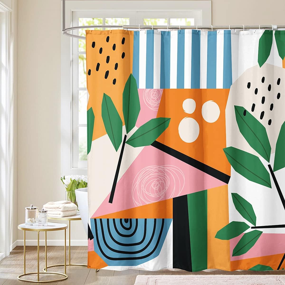 Miyotaa Juego de cortina de ducha abstracta minimalista y contemporánea, 60 pulgadas de ancho x 71 pulgadas de alto, diseño geométrico de hojas
