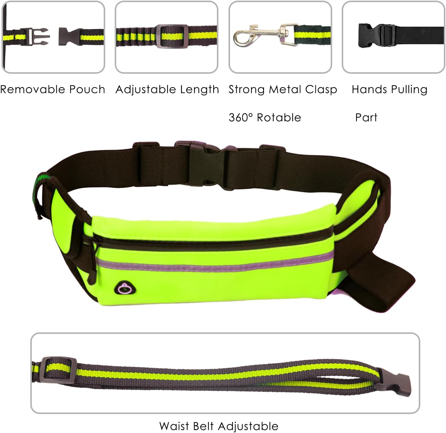 Correa de perro manos libres, correa verde manos libres para perros pequeños y grandes con bolsa impermeable con cremallera, cinturón reflectante