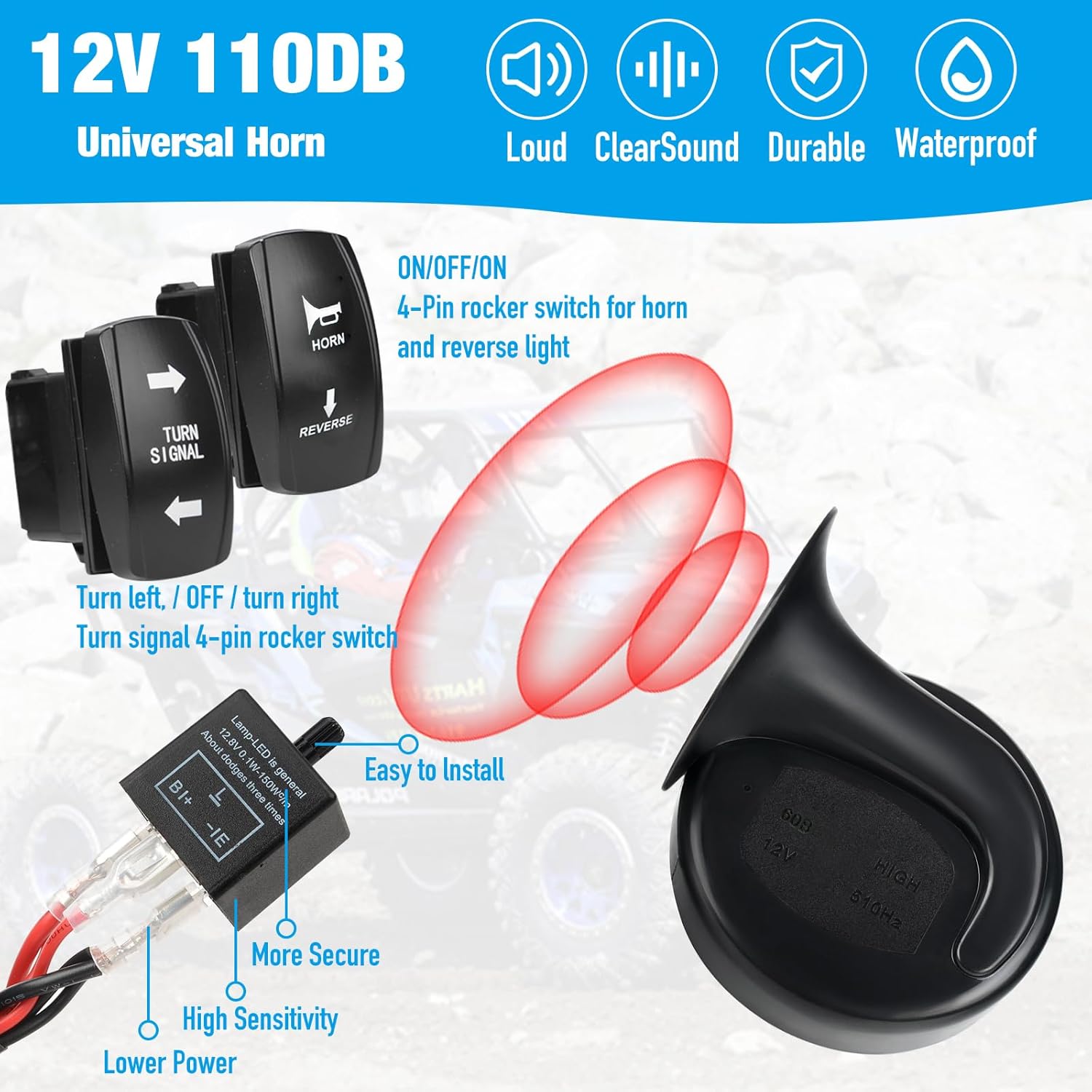 Kit de bocina UTV ATV y kit de señal de giro con interruptor basculante para Polaris RZR Ranger Honda Pioneer SXS Dirt Bike Turbo Can-Am Kawasaki