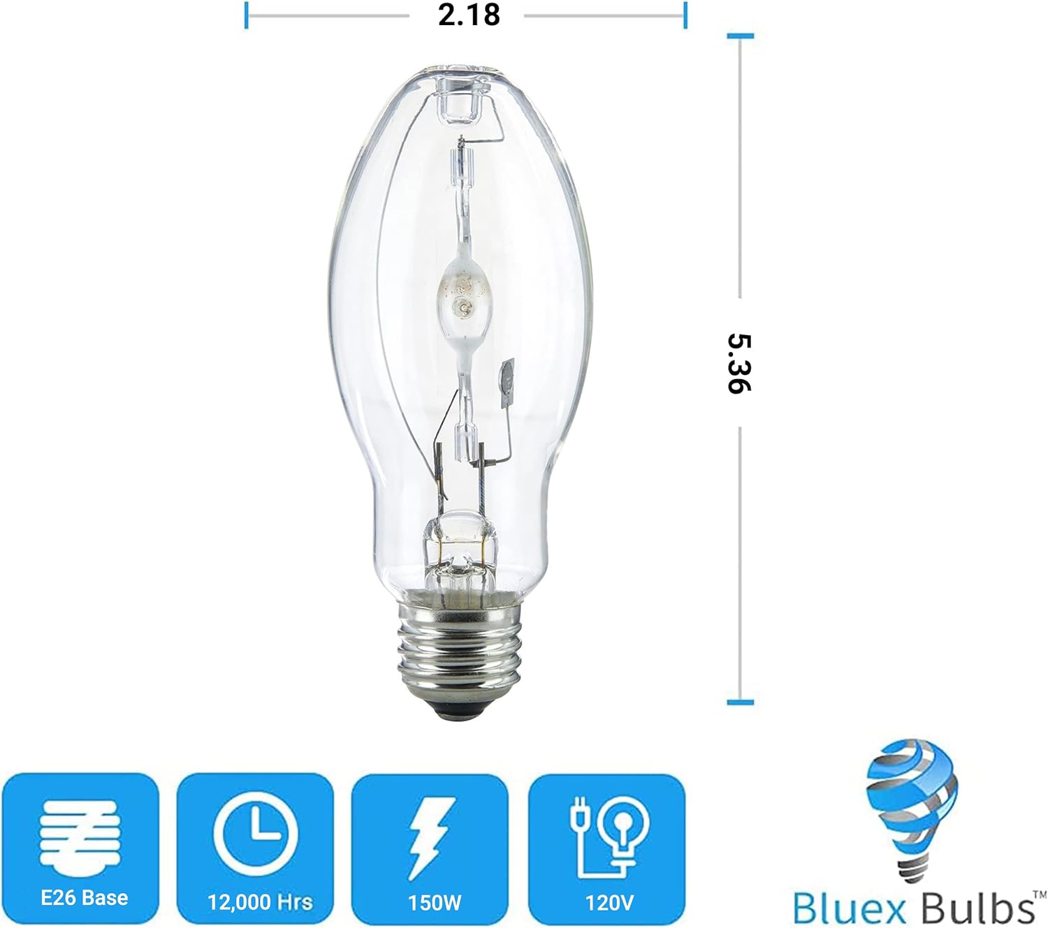 Bluex Bulbs Paquete de 3 bombillas de halogenuros metálicos MH150UMED de 150 W con arranque por pulso, base media, E26, lámpara HID transparente,
