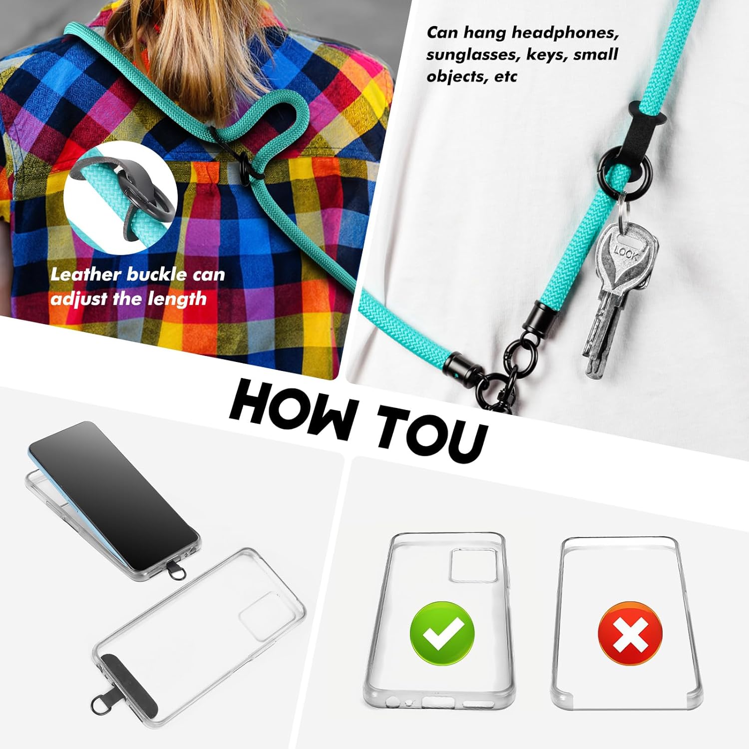 Cordón para teléfono celular, cordón desmontable universal ajustable para teléfono, correa para teléfono, con parche de cordón para teléfono × 2