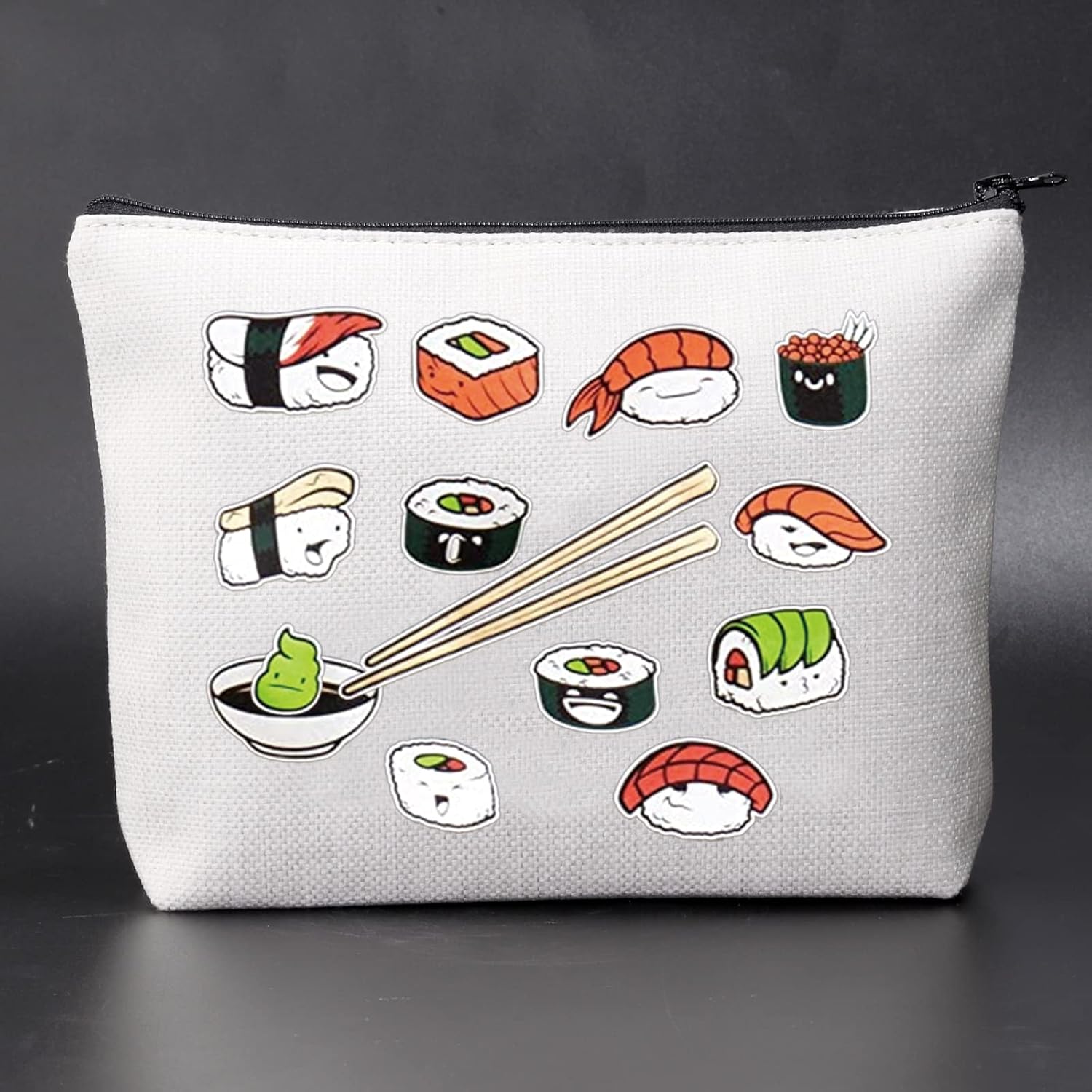 Bolsa de maquillaje divertida con patrón de sushi, regalo para amantes del sushi, bolsa de cosméticos japonesa para amantes de la comida regalo para