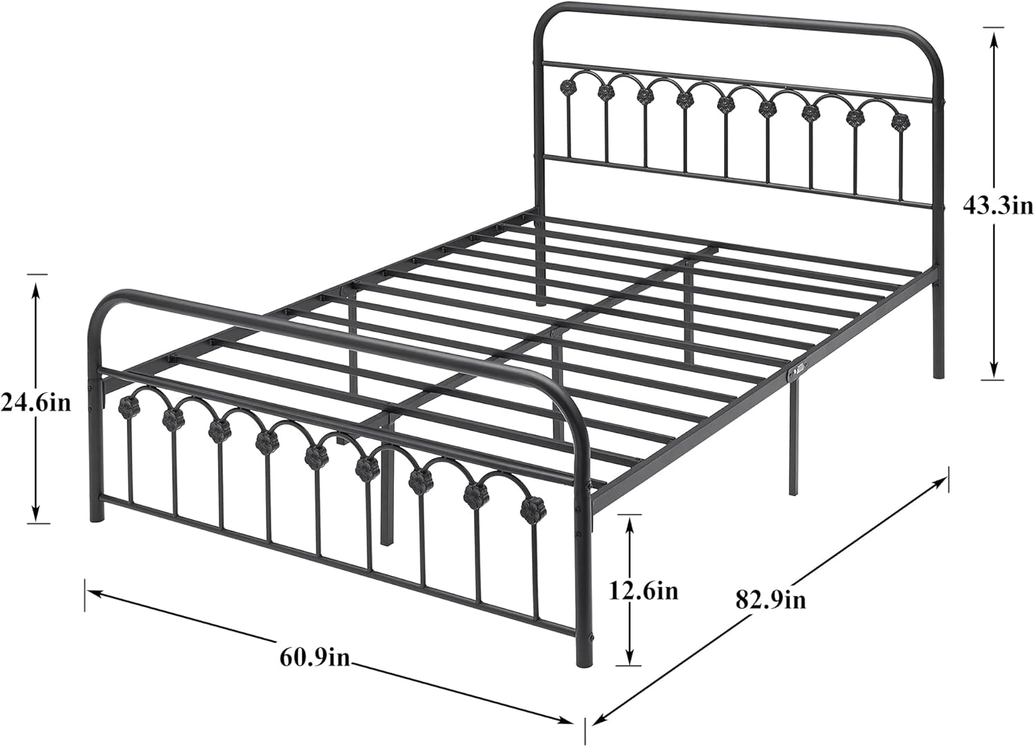 VECELO Base de cama clásica de metal con cabecera y estribo de estilo victoriano, no necesita somier, tamaño Queen