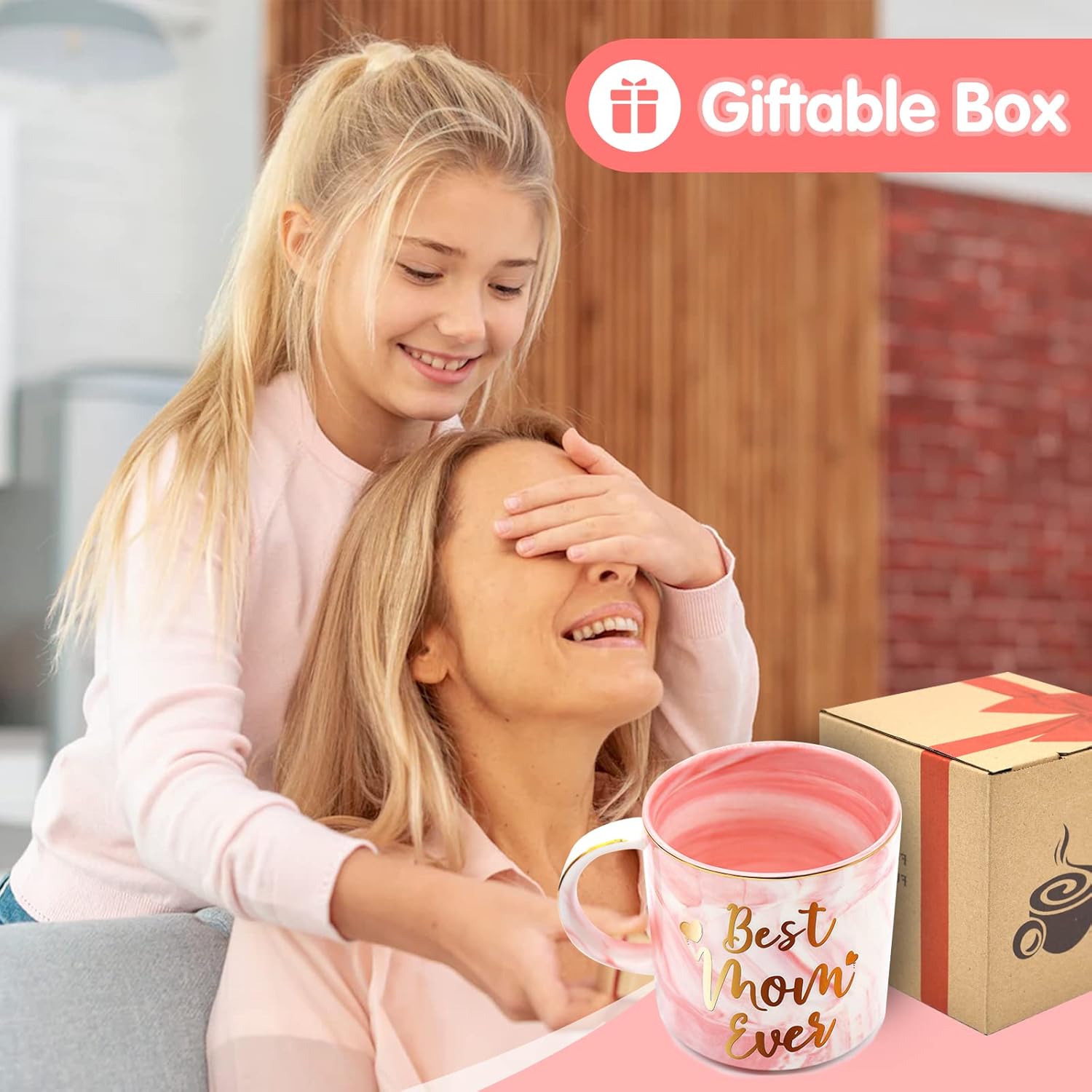 Taza de 12 onzas con la frase “Best Mom Ever” para mamá, divertida taza de café de cerámica con estampado doble de mármol rosa, para el Día de la