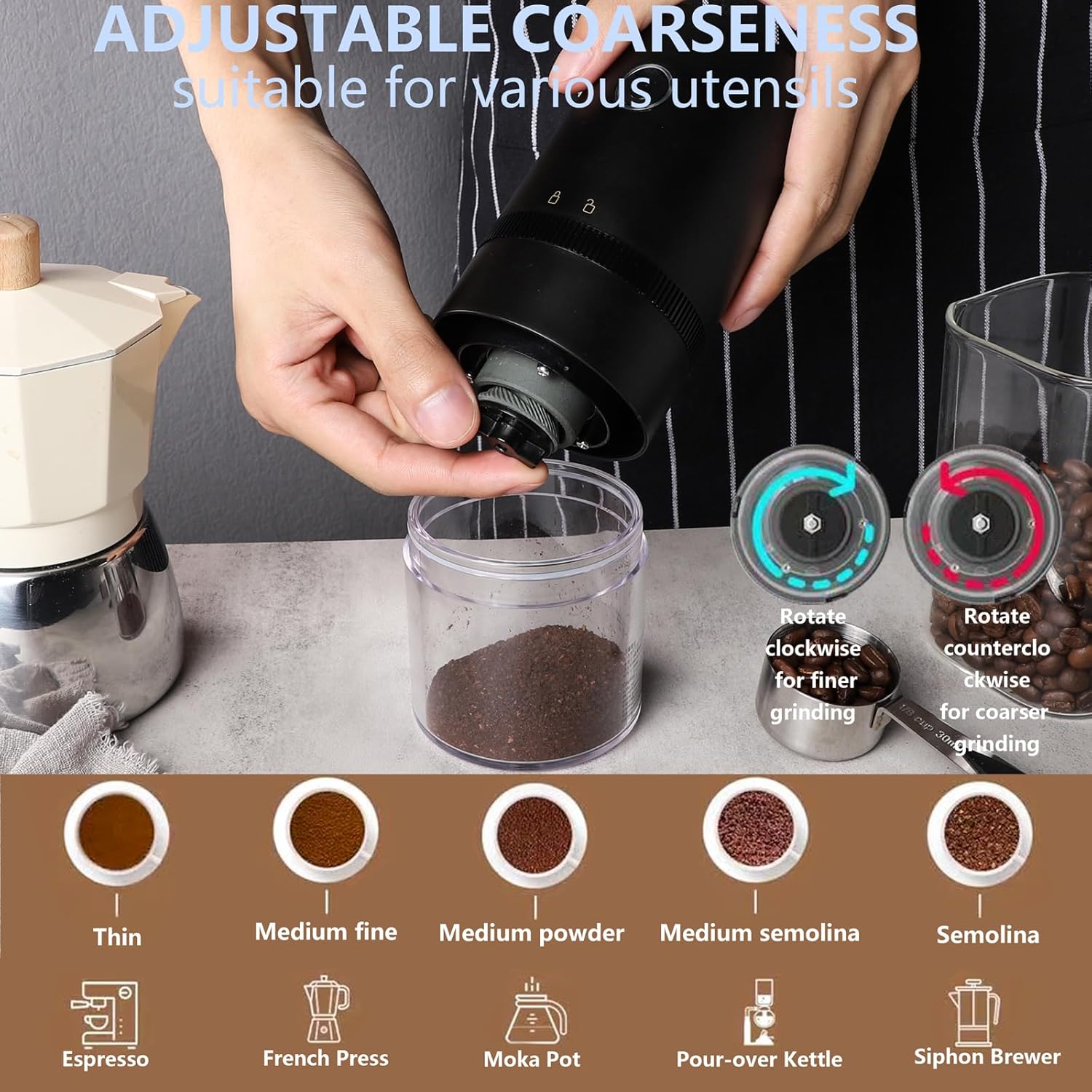 Molinillo de café portátil pequeño  Molinillo de granos de café eléctrico con múltiples ajustes de molienda para prensa francesa, infusión fría,