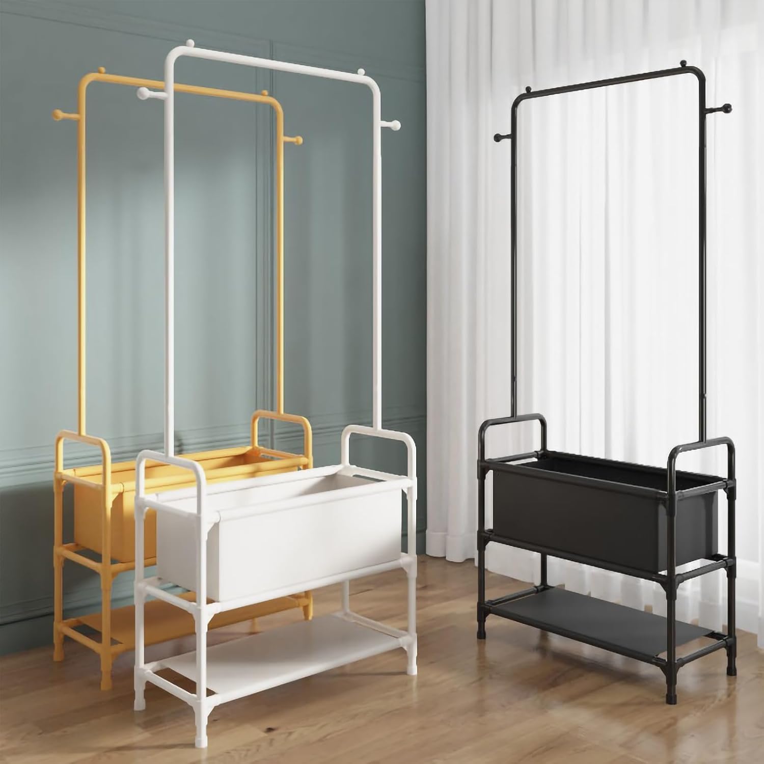 Percheros de ropa de 3 niveles para colgar ropa para niños, organizador pequeño con estantes para una habitación pequeña, resistente sobre ruedas,
