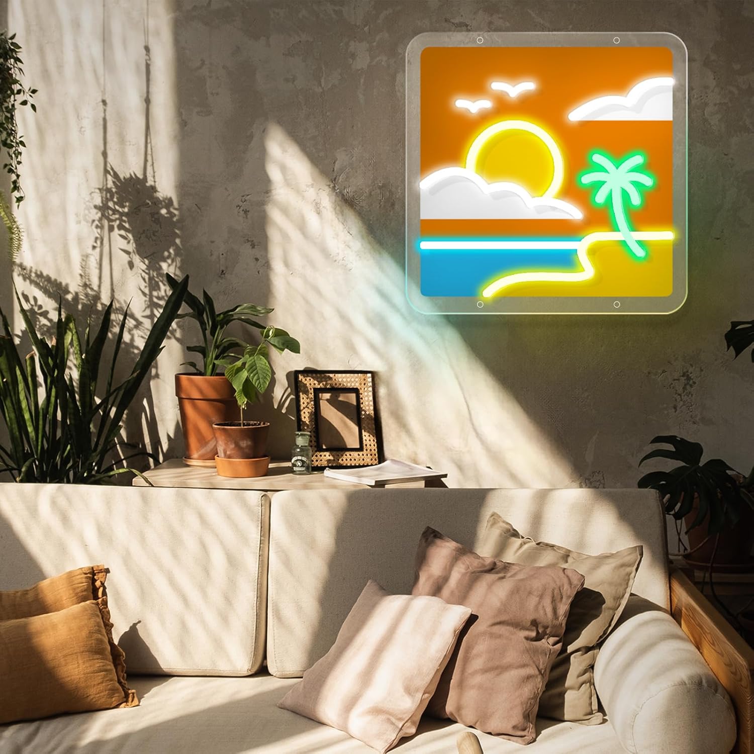 Letrero de neón LED, con impresión UV, puesta de sol y playa, luz de neón acrílica de 15.8 pulgadas para decoración de pared, brillo ajustable,