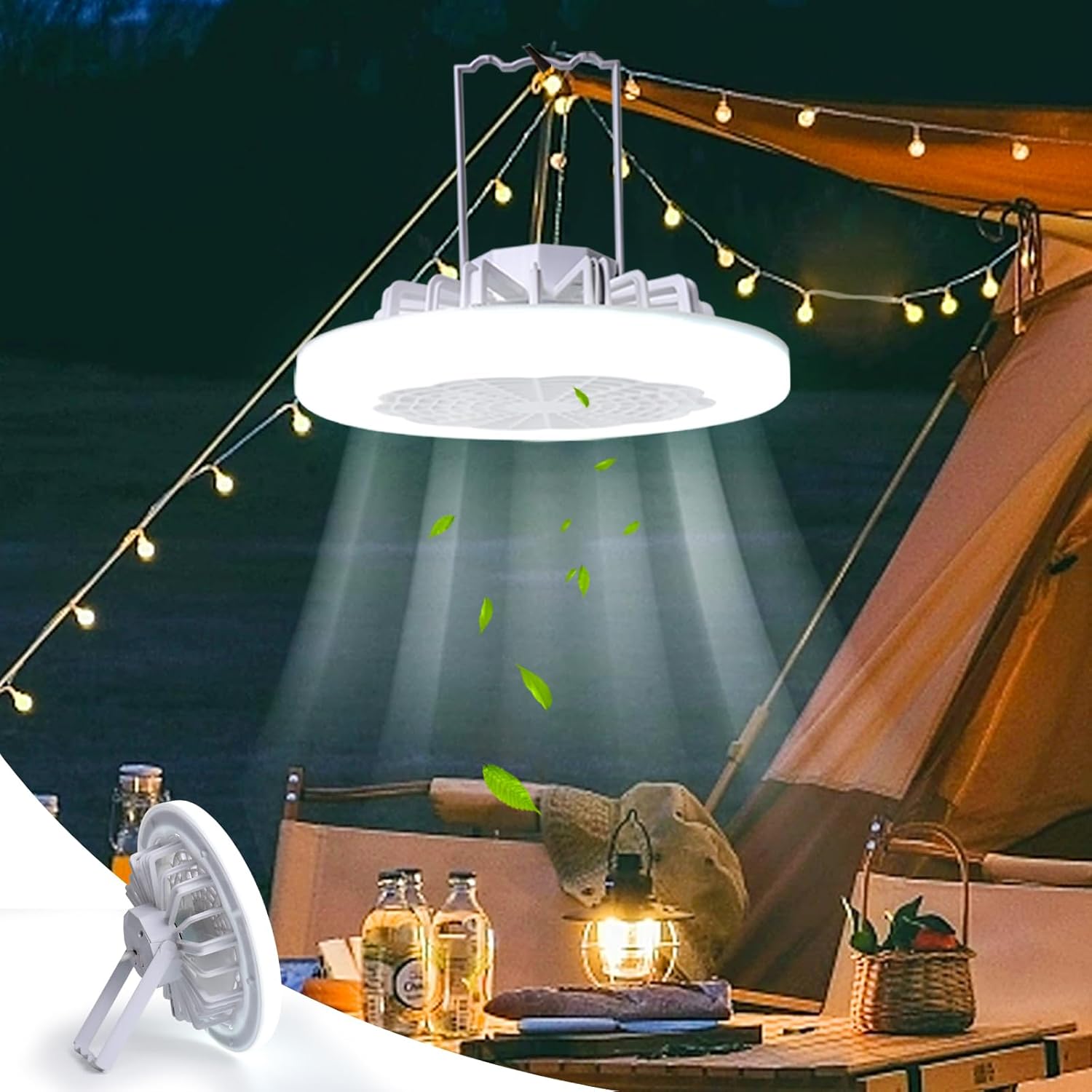 Rechargeable Camping Light Fan Combo 5000 Lumen 3000mAh 3 Lighting Modes 3 Speed Foldable Camping Fans for Tents Hanging Camping Tent Fan LED Light