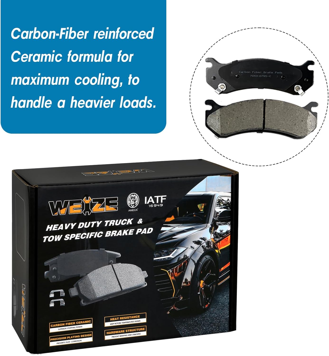 WEIZE Kit de pastillas de freno delantero y trasero, pastillas de cerámica de fibra de carbono + discos de freno perforados, apto para Chevy