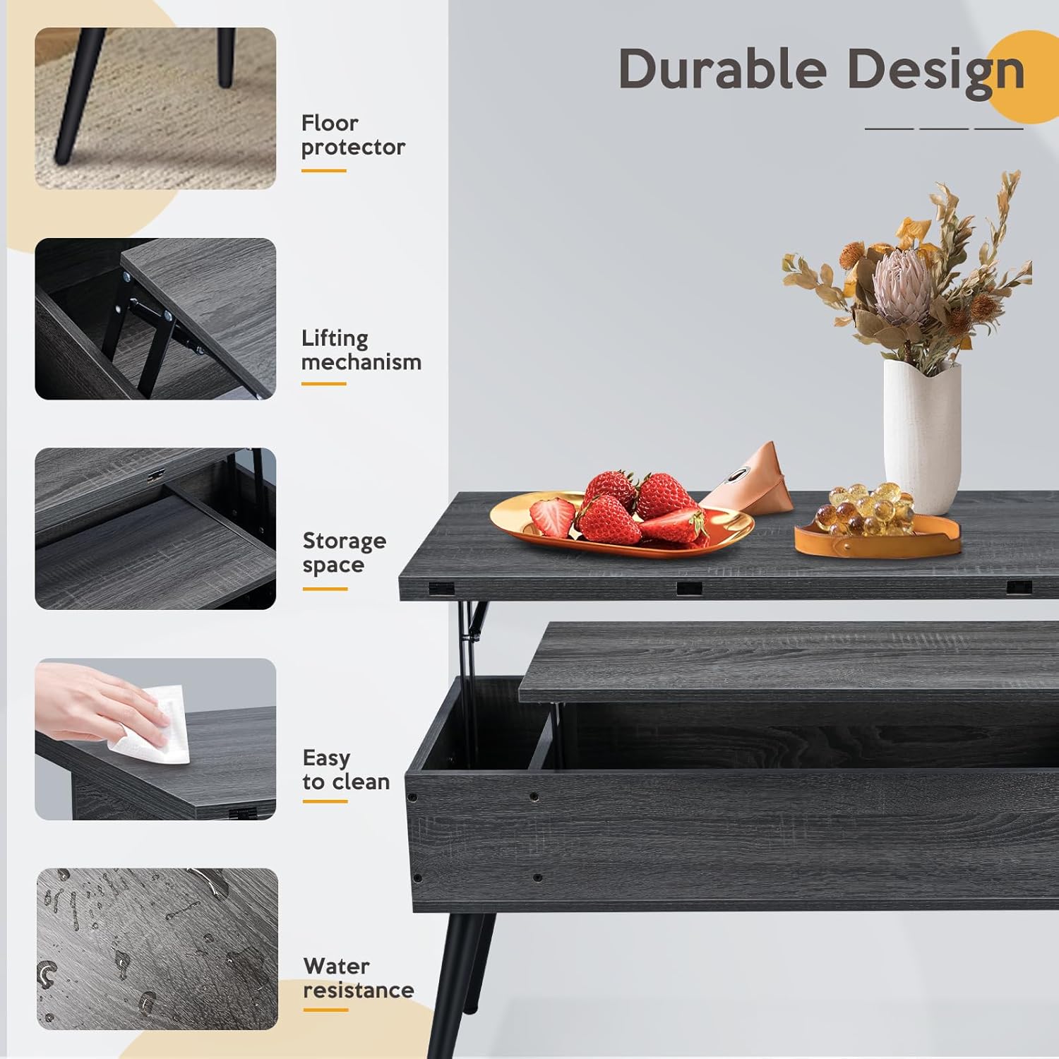 Mesa de centro elevable de 41.7 pulgadas, mesa de elevación multifunción 3 en 1 con almacenamiento, mesa de centro se convierte en mesa de comedor