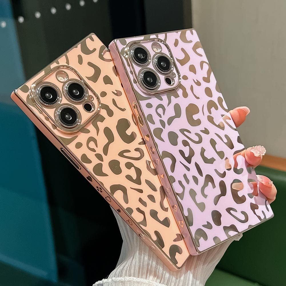 KERZZIL Elegante funda compatible con iPhone 14 Pro Max con borde cuadrado, bonito diseño de leopardo de lujo, protector de cámara, TPU suave, a