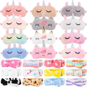 24 piezas de pijamas incluyen 12 máscaras de ojos de unicornio y 12 diademas para el pelo con pajarita para lavar la cara, máscara de dormir, 24 piezas de pijamas incluyen 12 máscaras de ojos de unicornio y 12 diademas para el pelo con pajarita para lavar la cara, máscara de dormir,