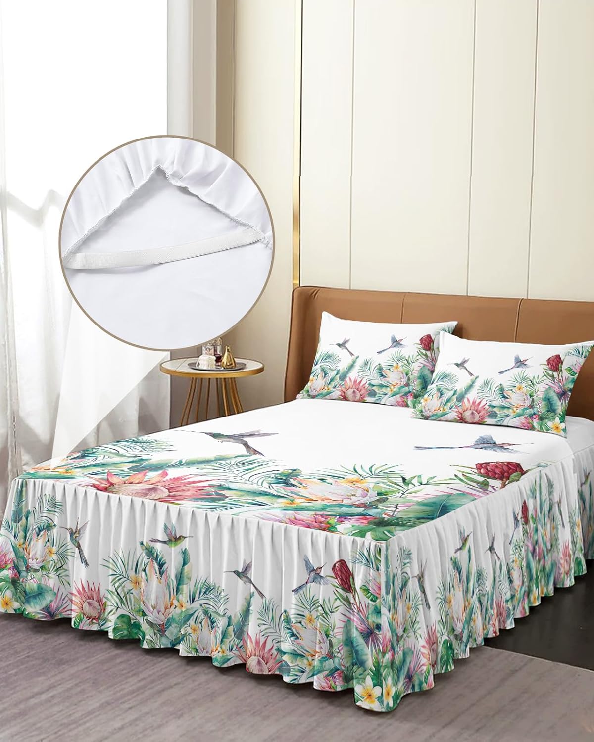 Faldas de cama plisadas tropicales envolventes para cama matrimonial de 54 x 75 pulgadas, sábana decorativa con volantes y falda de cama de 18