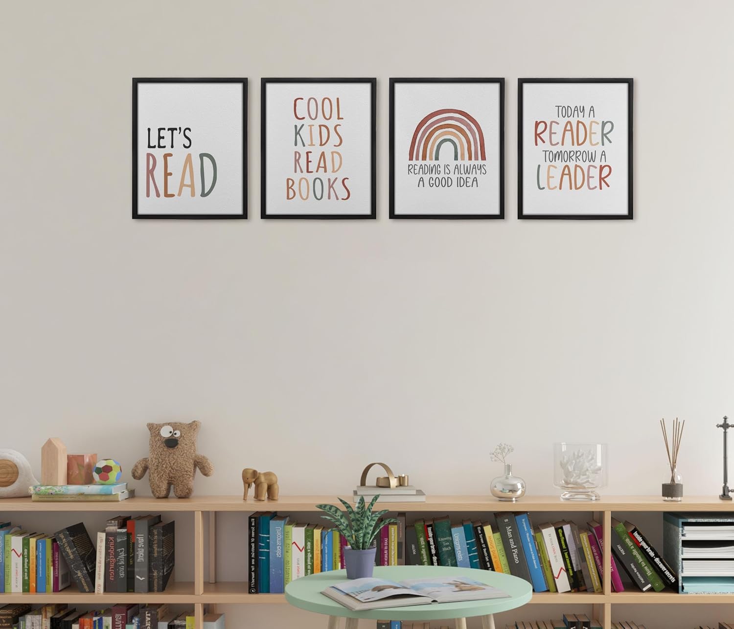 GOXFOC Let’s Read – Juego de 4 impresiones artísticas neutras de arco iris, sin marco, a la moda, bohemio, preppy, para niños, leer libros, pósteres