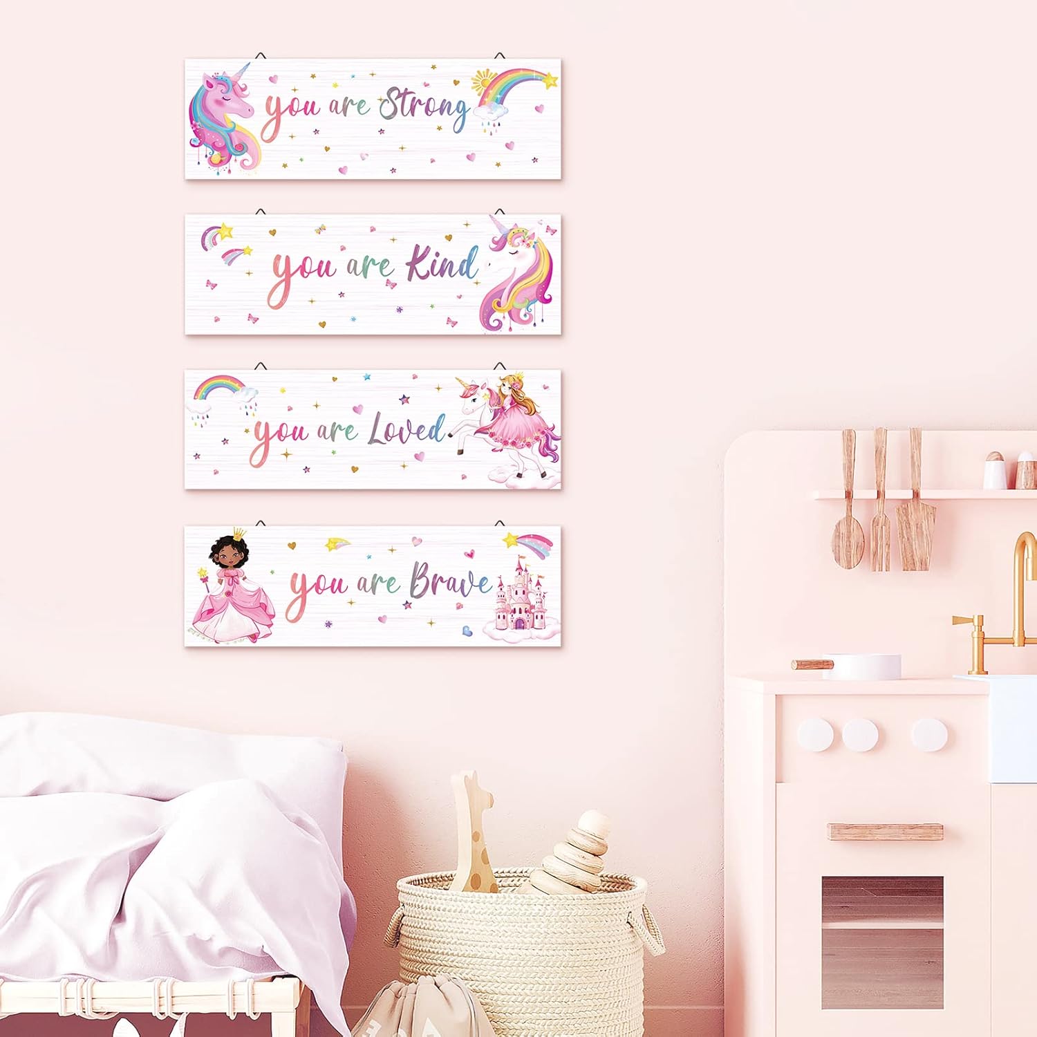 decalmile 4 piezas de unicornio princesa castillo arco iris motivacionales carteles de madera colgantes placa de pared You Are Kind Braved citas