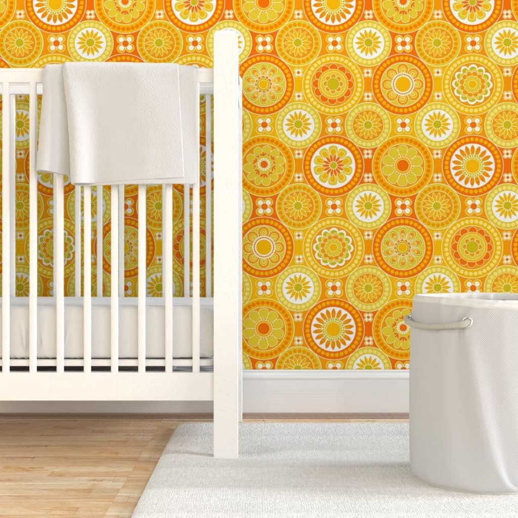 Spoonflower Peel & Stick Wallpaper 3ft x 2ft – Circle Tiles Yellow Flowers Retro Orange Geometric 70s 60s Vintage Custom Removable Wallpaper
