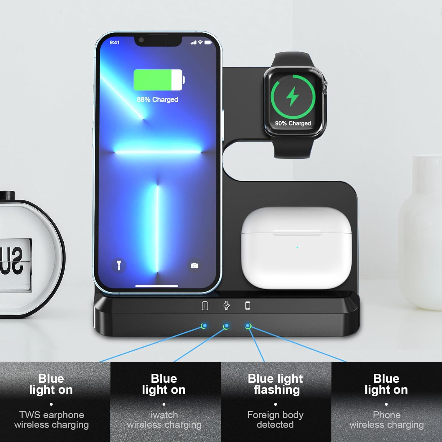 Cargador inalámbrico, estación de carga inalámbrica 3 en 1 para iPhone 15 14 13 12 11 Pro MaxX8, soporte de cargador para Apple Watch Series 9 8