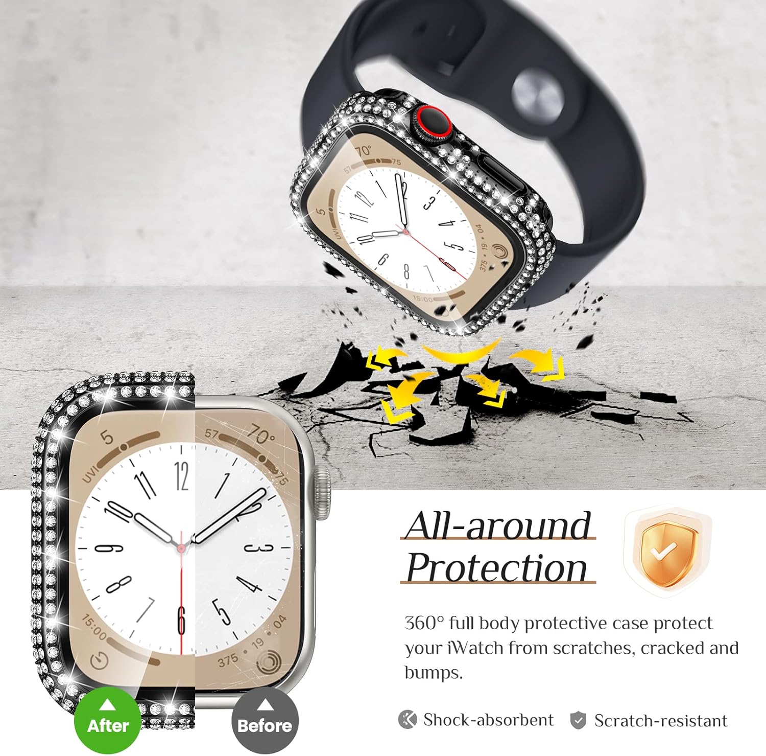 Goton Funda impermeable brillante 2 en 1 para Apple Watch de 1.575 pulgadas, protector de pantalla SE (2 generación) Series 6 5 4, con diamantes de