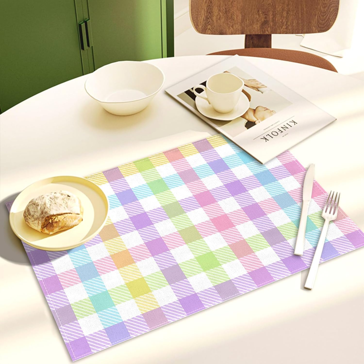 Nepnuser Juego de 4 manteles individuales de lino con diseño de búfalo de Pascua, rústicos, para decoración de mesa de comedor, cocina, hogar,