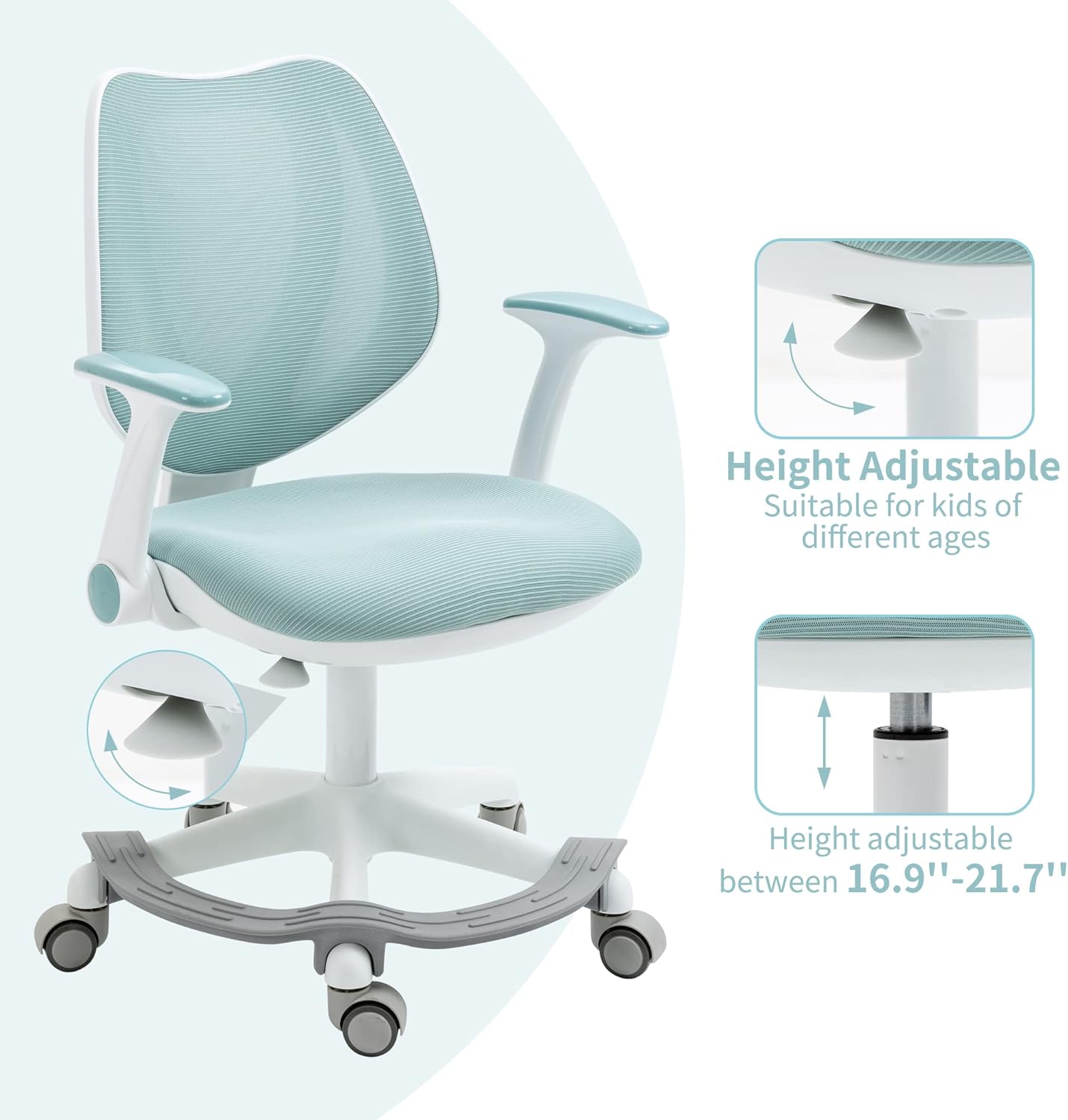 HOMEFUN Silla de escritorio para niños, sillas de computadora con reposabrazos y reposapiés para niños y niñas, bonita malla ergonómica con altura