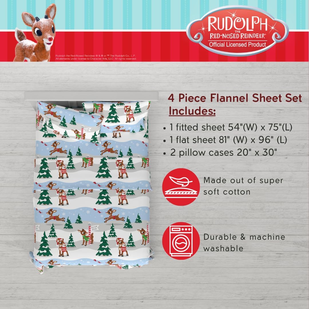 Franco Rudolph Holiday & Christmas Bedding – Juego de sábanas de franela 100% algodón súper suave, tamaño matrimonial, (producto oficial)