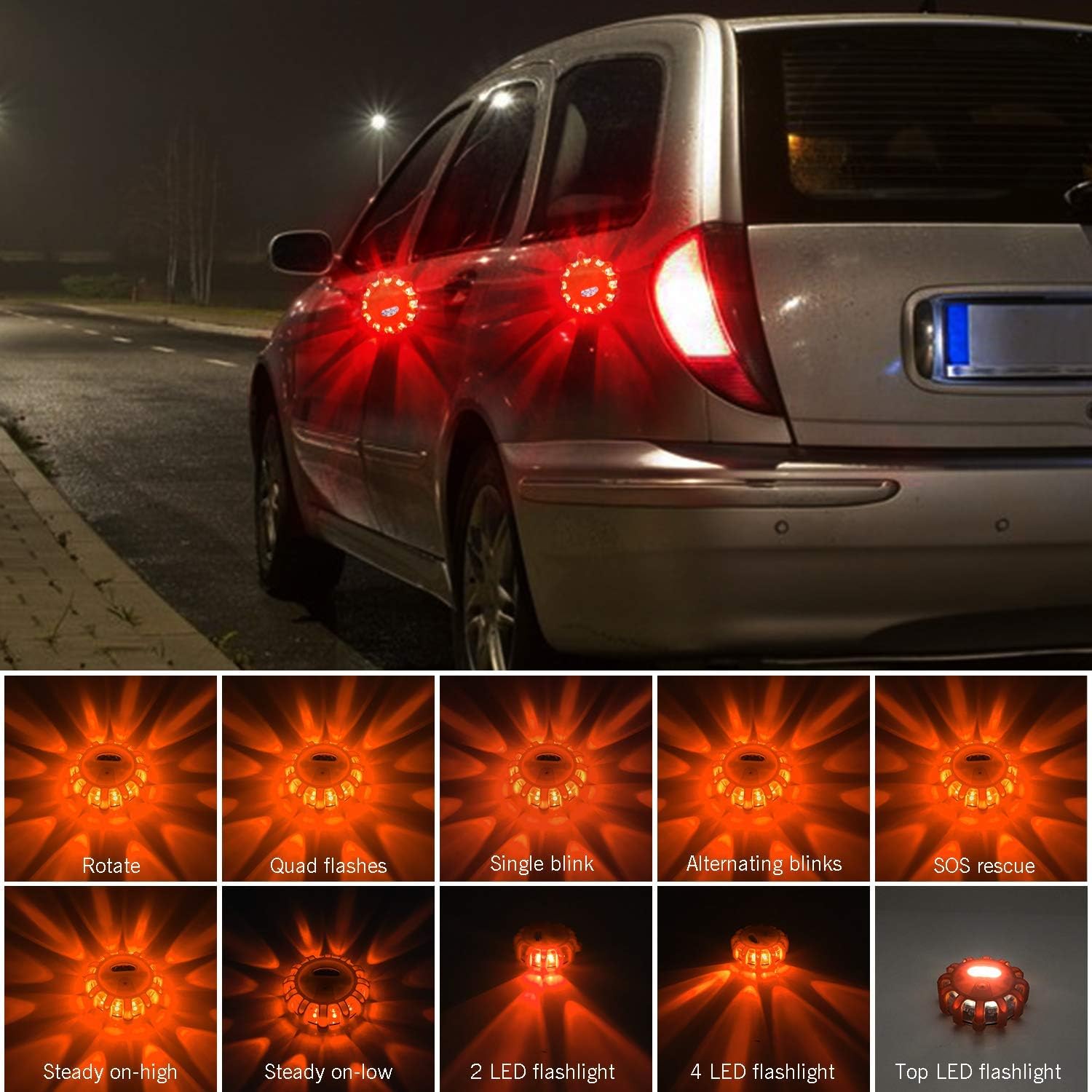 AK Paquete de 12 balizas LED para carretera, luz intermitente de advertencia de seguridad, disco de emergencia para vehículos, barcos con base