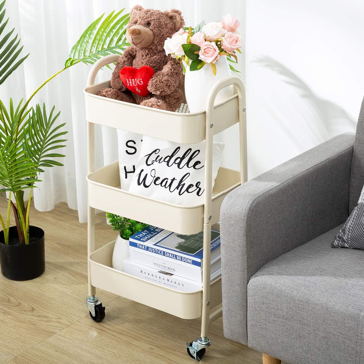 AGTEK Carrito de maquillaje, Carrito organizador móvil rodante,Carrito utilitario de metal de 3 niveles, Beige