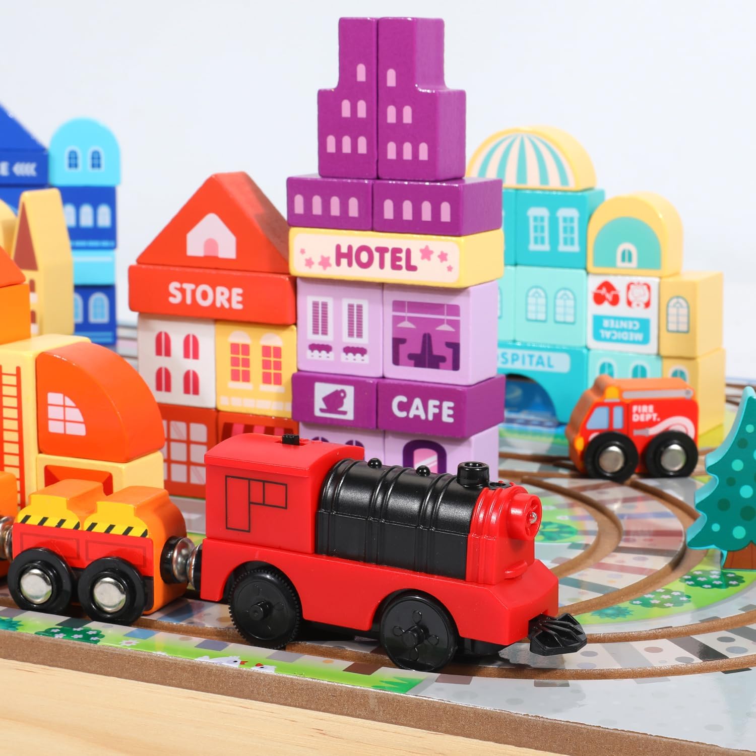 Juego de bloques de construcción de madera, tren eléctrico de construcción de ciudad, bloques apilables, juguetes educativos de aprendizaje