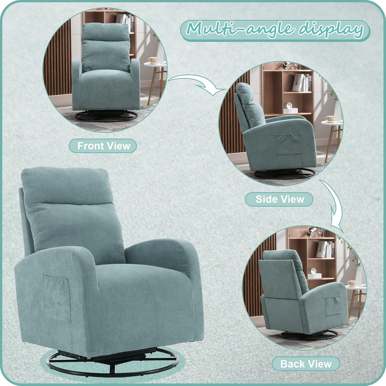 Kurhwyss Silla giratoria para guardería, moderna silla mecedora con respaldo alto y bolsillo de almacenamiento, mecedora tapizada con base de metal