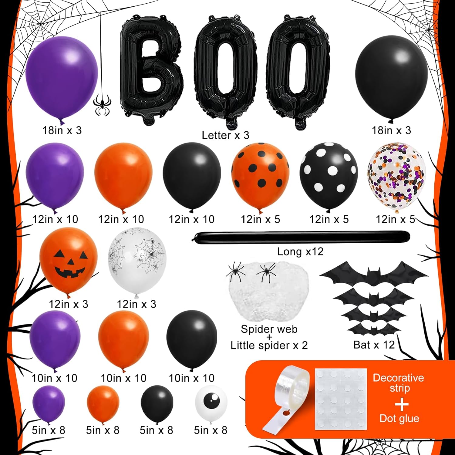 Globos de Halloween de 149 piezas para decoración de fiestas, globos de papel de aluminio, murciélagos, telaraña, globos de confeti, naranja y negro