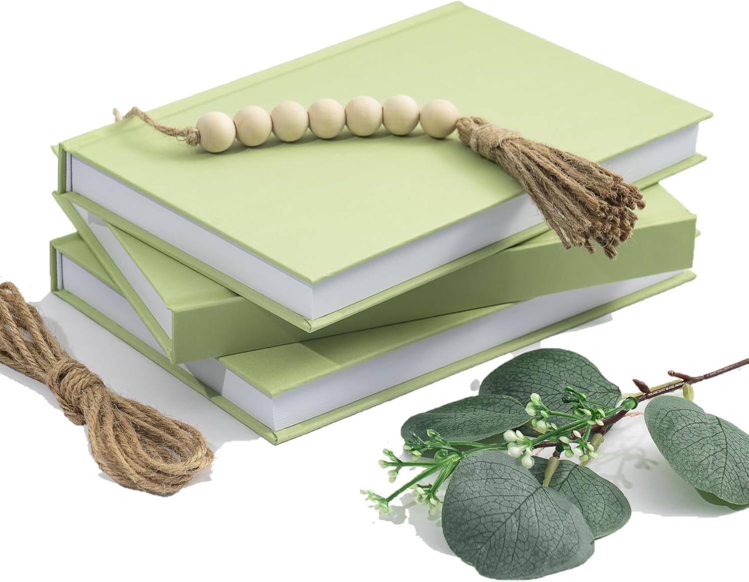 Libros decorativos  Juego de 3 libros decorativos de tela para decoración del hogar con hojas falsas y guirnalda de cuentas de madera, decoración