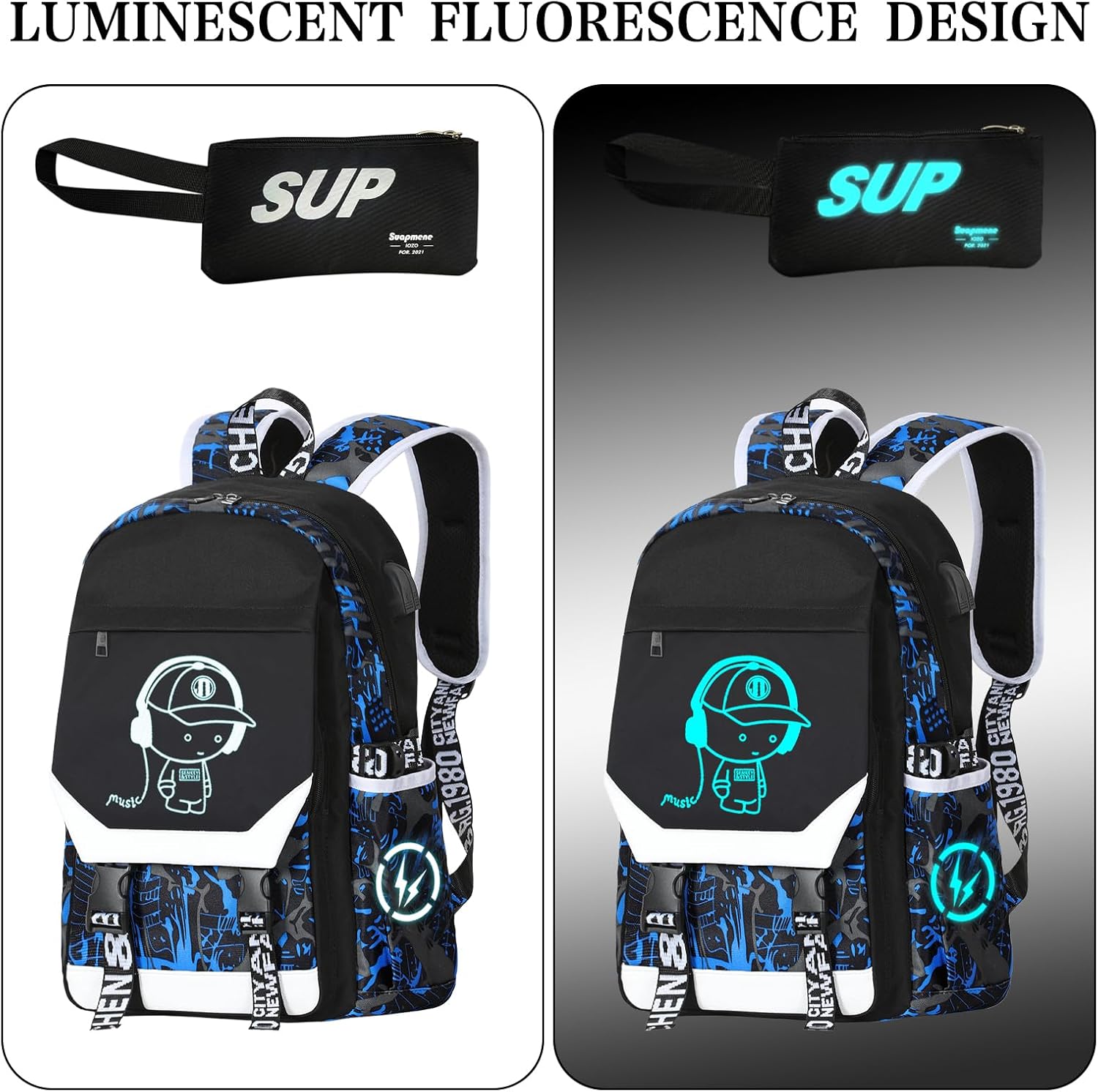 Mochila luminosa para niños, mochila para laptop de 15.6 pulgadas con EE. UU, Azul, Mochila luminosa