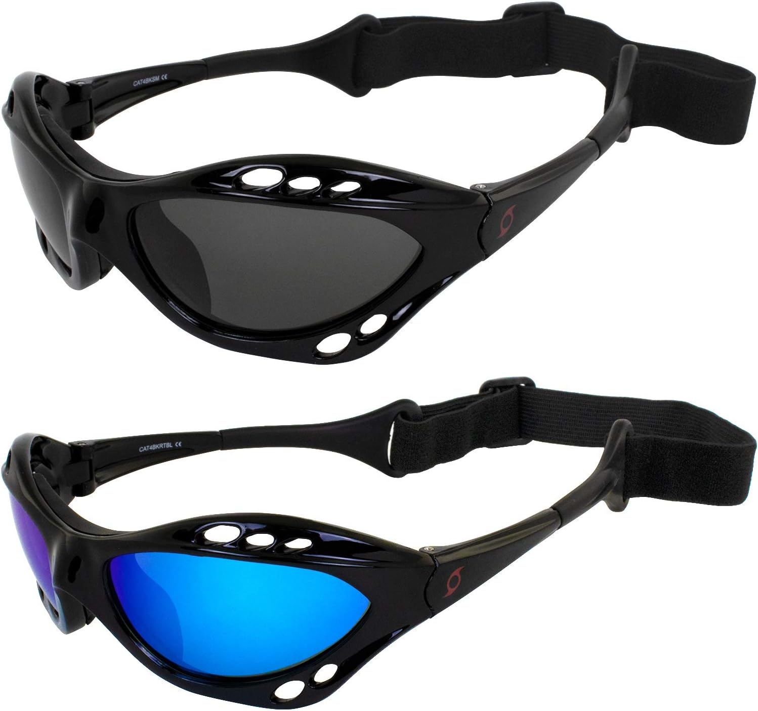 Gafas flotantes polarizadas para moto acuática de categoría 4, juego de 2 unidades, marcos acolchados negros con lentes de espejo ahumado y azul