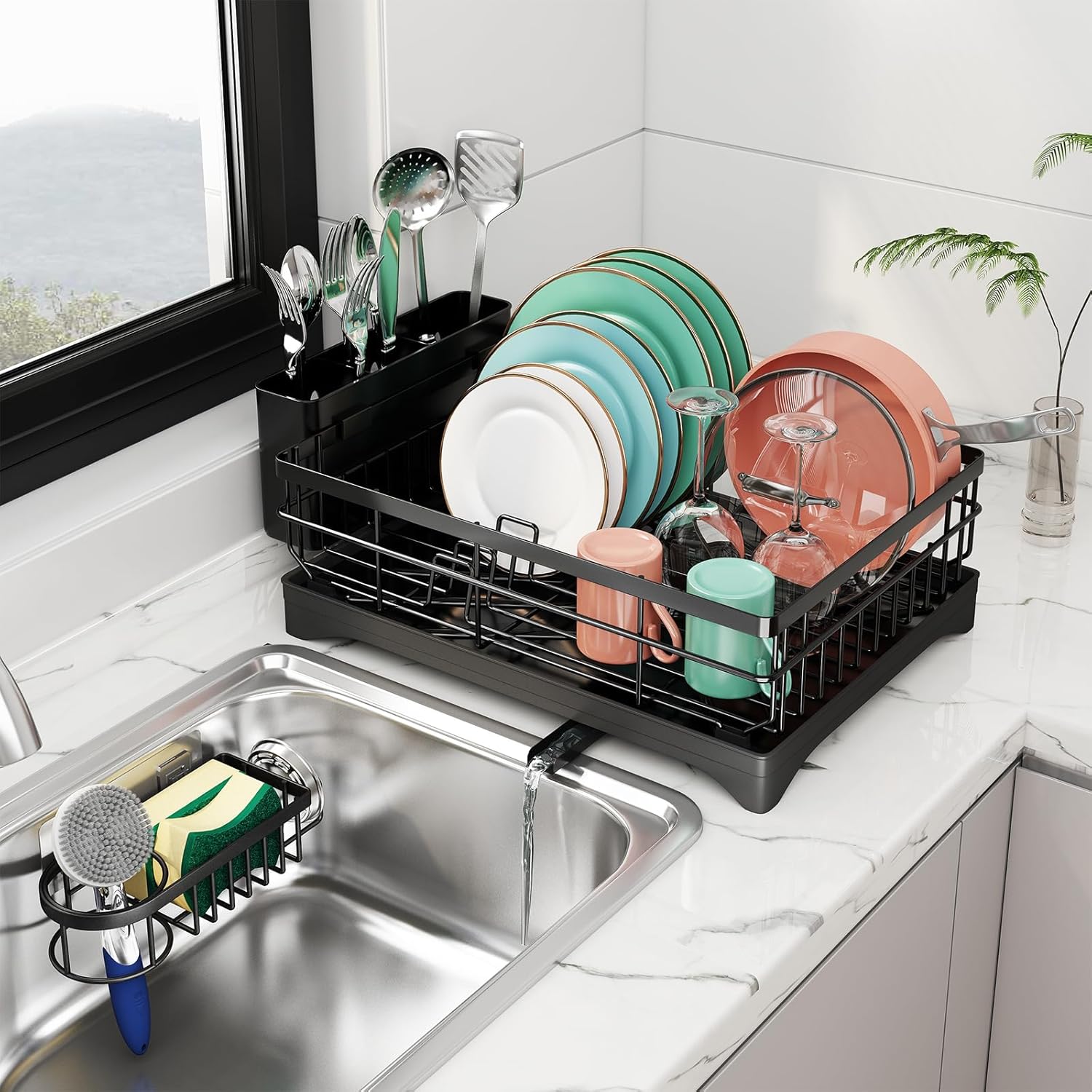 Escurridor de platos, escurridor de platos para encimera de cocina, escurridor de platos de acero inoxidable con soporte adicional para esponja para
