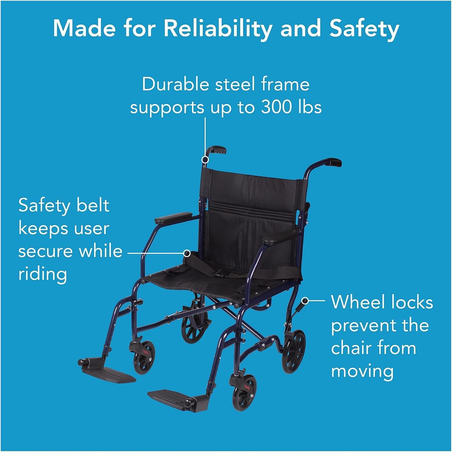 Carex Silla de ruedas de transporte con cojín para silla de ruedas, asiento de 19 pulgadas, silla de transporte plegable con reposapiés, silla de