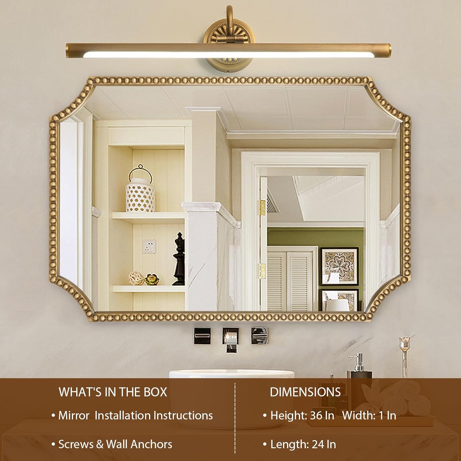 Espejo de pared de 24 x 36 pulgadas, espejo decorativo rectangular de esquinas festoneadas, marco de cuentas de metal, decoración de pared para