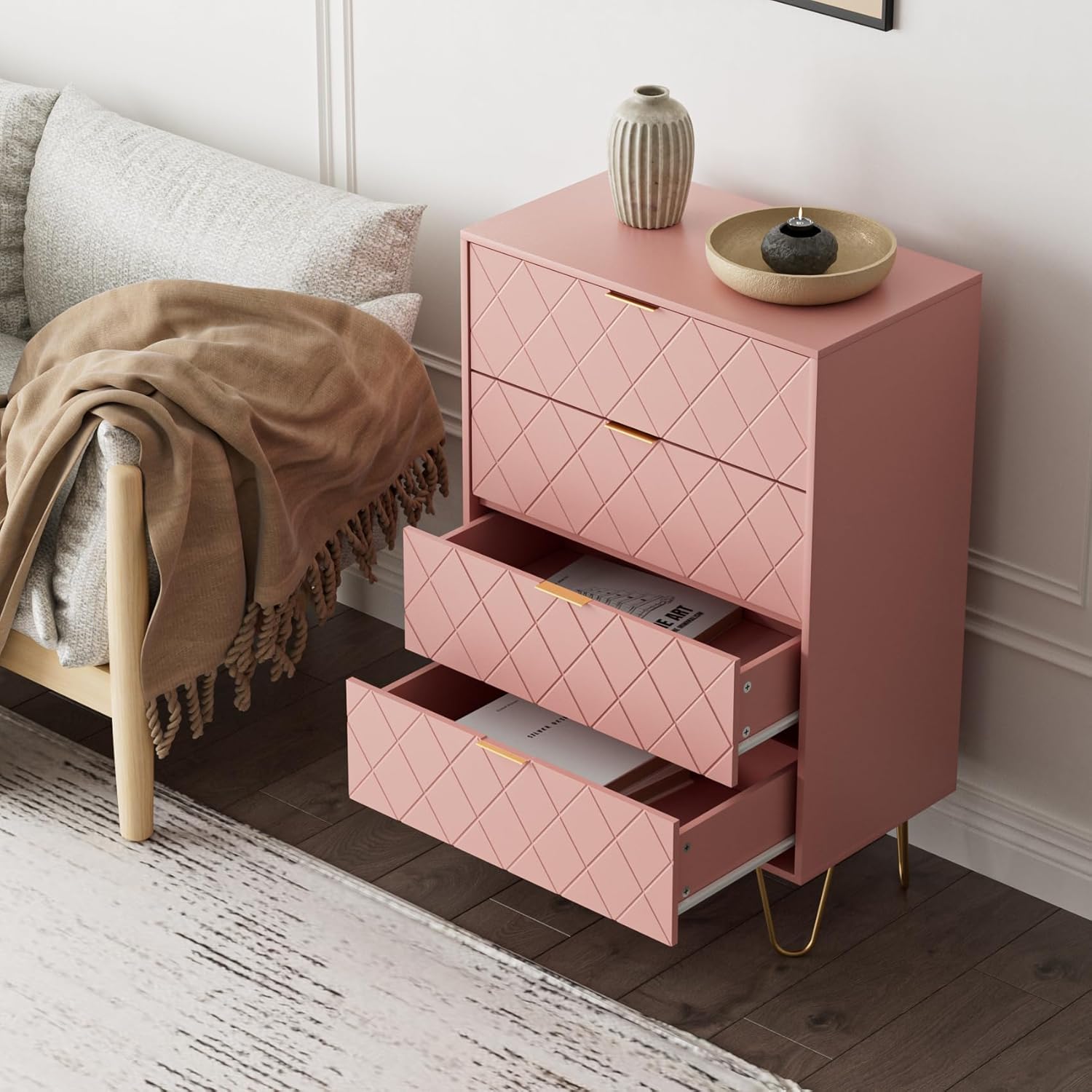 Cómoda de 4 cajones, cajón, armario de almacenamiento alto con patas de metal, cómoda pequeña para dormitorio, sala de estar, armario, pasillo,