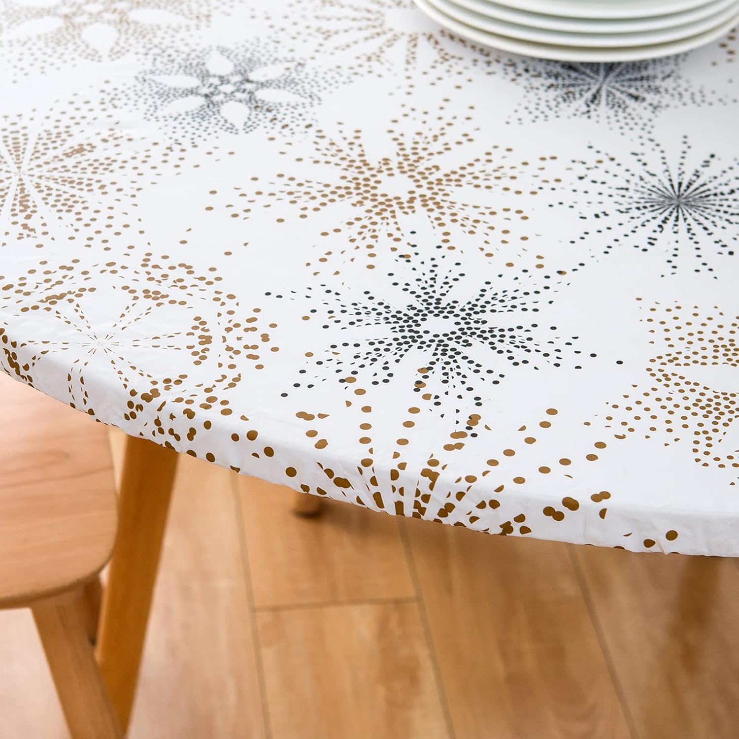 LIBERECOO Mantel redondo de vinilo ajustable impermeable con bordes elásticos, manteles de plástico para interiores y exteriores