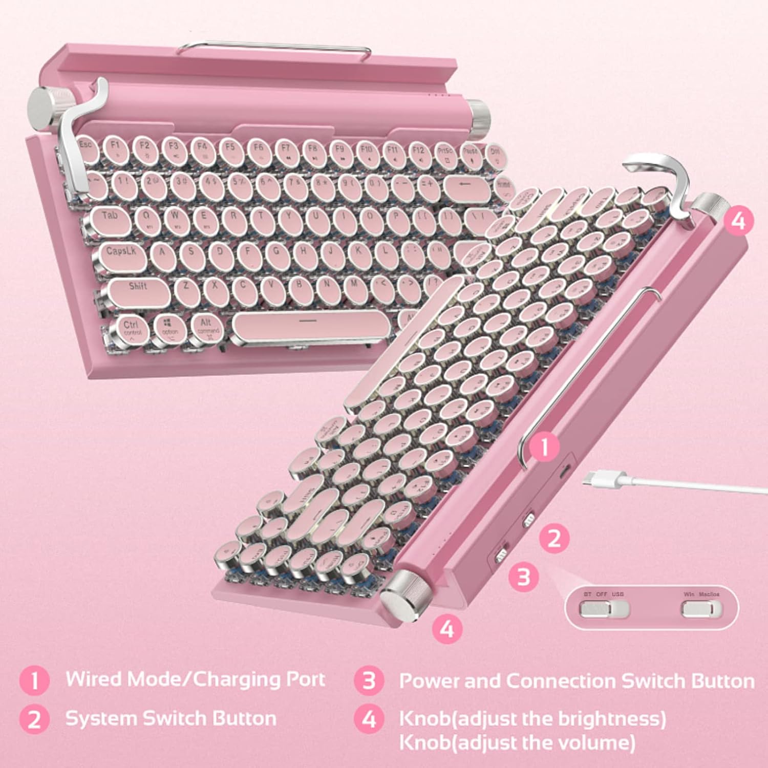 Acogedor Teclado de máquina de escribir retro, teclado vintage con interruptores azules, teclado mecánico para juegos multidispositivo, para