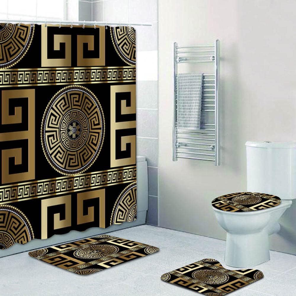Juego de 3 alfombrillas de baño geométricas negras doradas, griegas, meandro, impermeables, antideslizantes, lavables para baño, juego de 3 piezas
